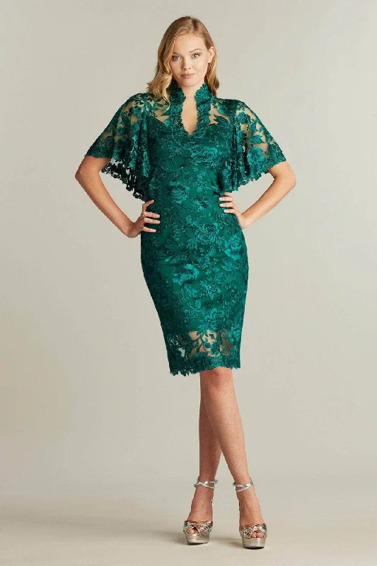 green party dress for summer -Red cocktail dressTadashi Shoji BRX20385MX - Laced Cape Cocktail Dress