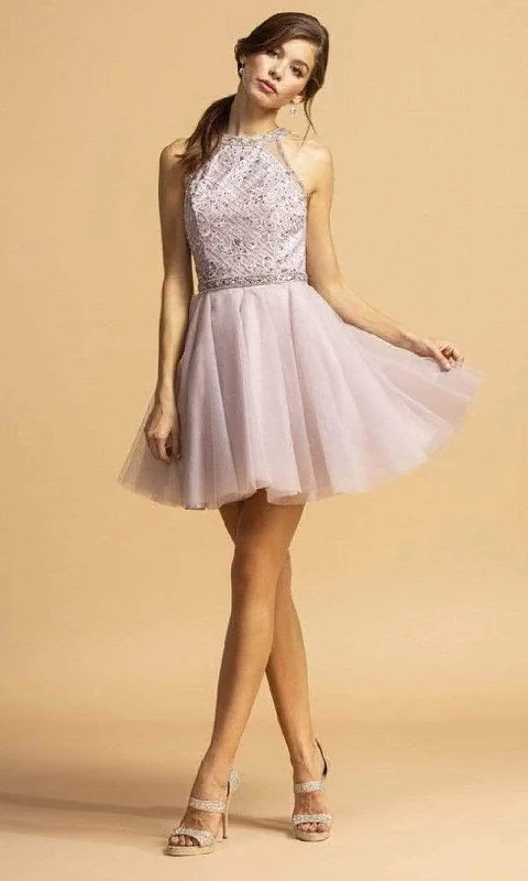 Short cocktail dressTrevi Collection - Embellished Halter Tulle Cocktail Dress S2095