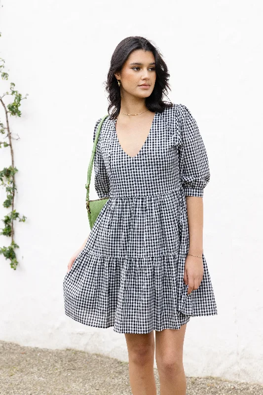 Mini Dresses with Side Slits -Mini dress with illusion sleevesAnytime Black Gingham Tie Back Ss Puff Sleeve Tiered Mini Dress