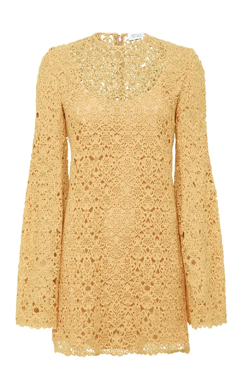 Mini Dresses for Team Party -Mini dress with ruched sidesArchie Mini Dress with Lining in Gold Silk Macrame Lace