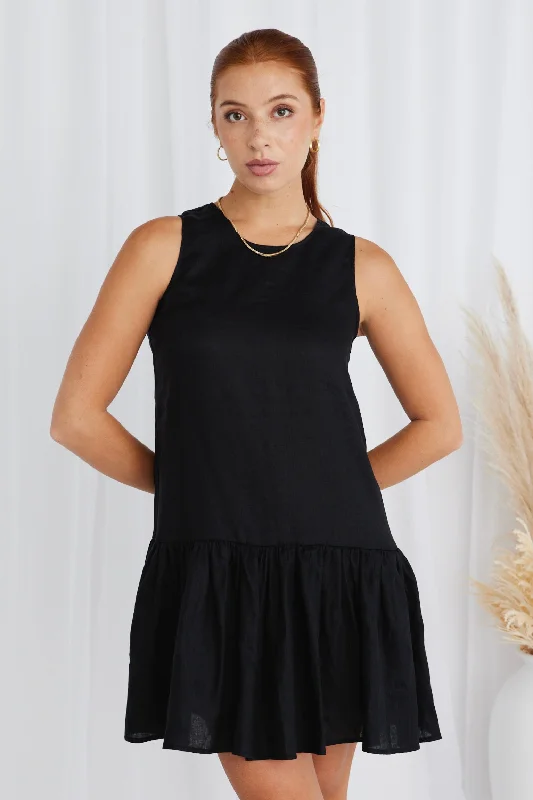 Mini Dresses with Button Front -Mini dress with cowl neckAva Black Linen Sleeveless Frill Hem Smock Mini Dress