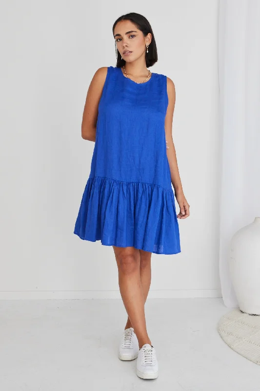 Mini Dresses for Casual Lunch -Mini dress with puffball skirtAva Electric Blue Linen Sleeveless Frill Hem Smock Mini Dress