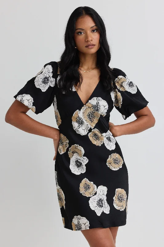 Mini Dresses for Weekend Getaway -Mini dress with button frontAmour Black Floral Satin Bubble Sleeve Mini Dress