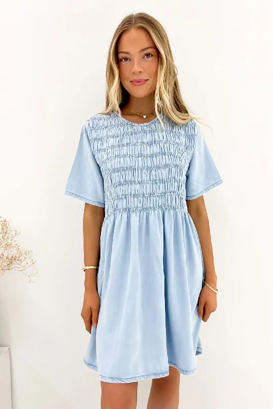 Mini Dresses with Sweetheart Neck -Mini dress with bell sleevesAyla Denim Mini Dress Light Blue