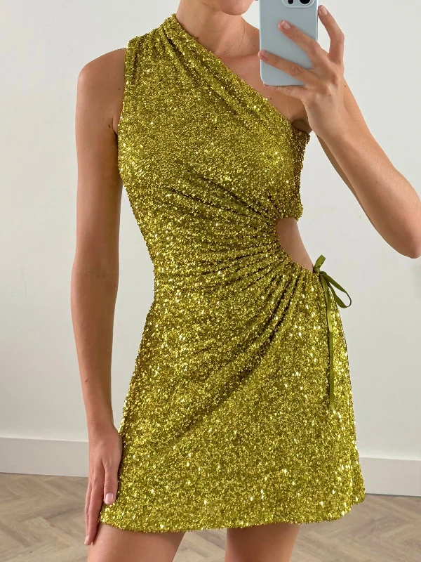 Mini Dresses in Light Satin -Mini dress with tiered layersAyla One Shoulder Mini Dress / Lime Sequin