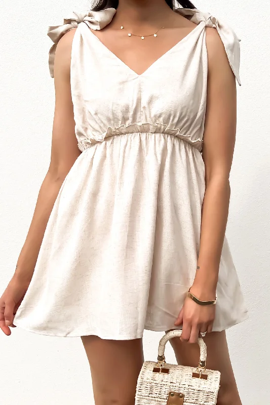 Mini Dresses in Cool Tones -Mini dress with sheer panelsBeattie Mini Dress Beige