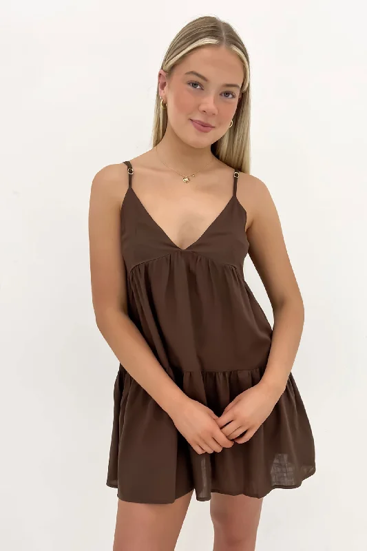 Mini Dresses with Tie Sleeves -Mini dress with casual chicClassic Tiered Mini Dress Chocolate