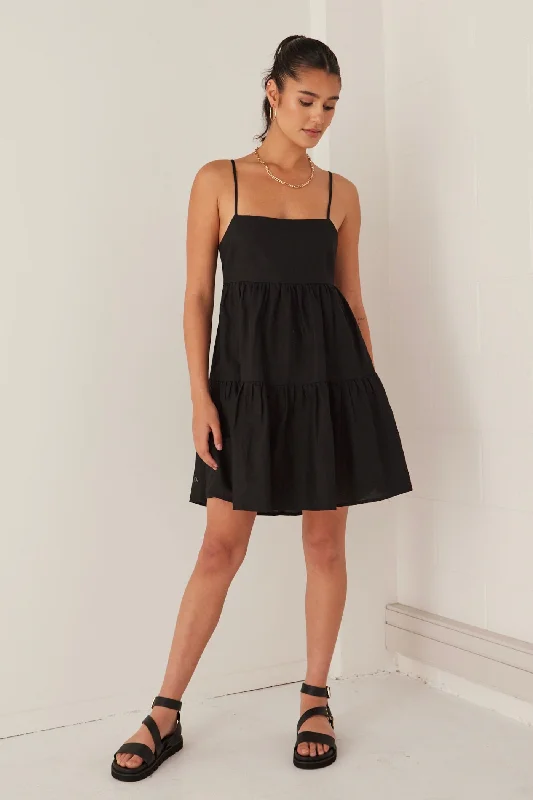 Mini Dresses in Flowy Fabric -Mini dress with open backCosmos Black Linen Cotton Strappy Tie Back Tiered Mini Dress