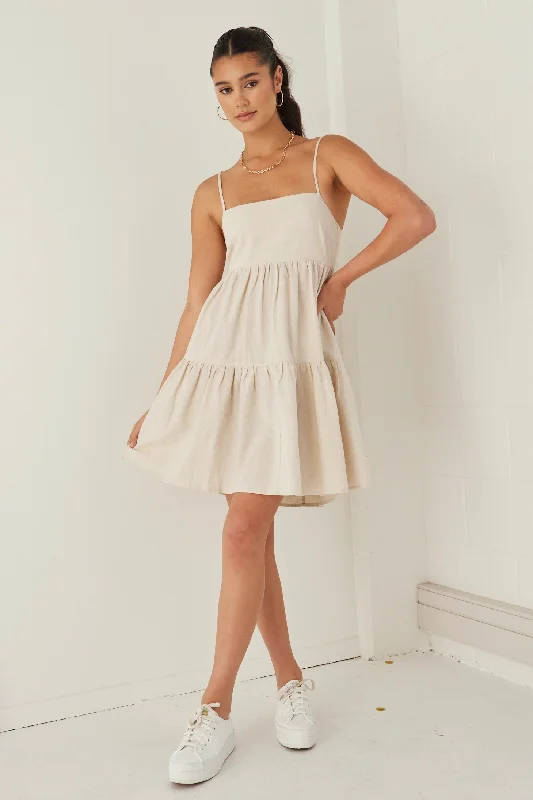 Mini Dresses in Relaxed Fit -Mini dress with utility styleCosmos Natural Linen Cotton Strappy Tie Back Tiered Mini Dress