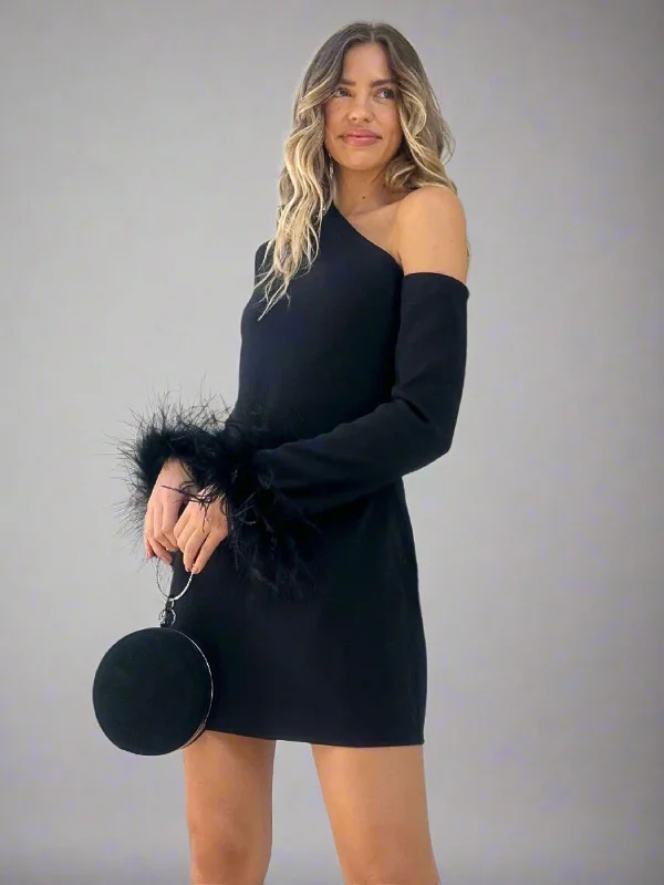 Mini Dresses with Statement Sleeves -Mini dress with oversized fitDakotah Feather Cuff Asymmetric Mini Dress / Black