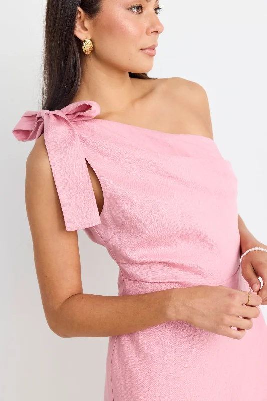 Mini Dresses with Pleated Hem -Mini dress with crochet detailsEcstatic Blush Linen Blend One Shoulder Bow Mini Dress