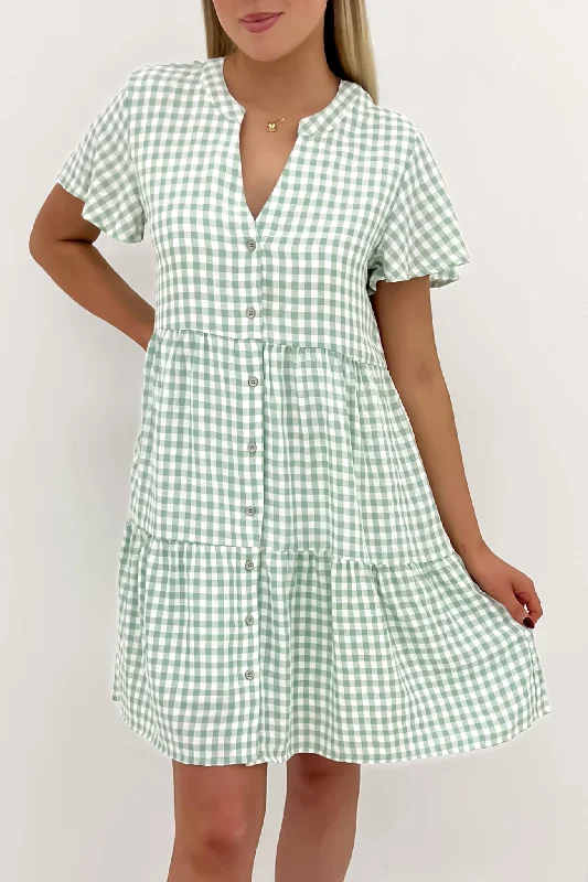 Mini Dresses in Flowing Style -Mini dress with bow accentsElijah Mini Dress Sage Gingham