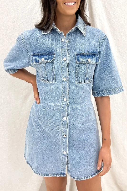 Mini Dresses with Ruffles -Mini dress with button frontEmerson Denim Mini Dress Light Blue