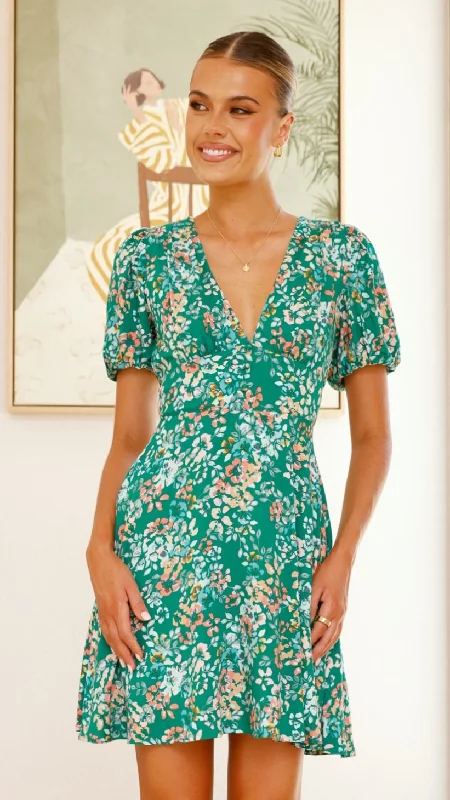 Mini Dresses in Fun Hues -Mini dress with voluminous sleevesItzel Mini Dress - Green Floral