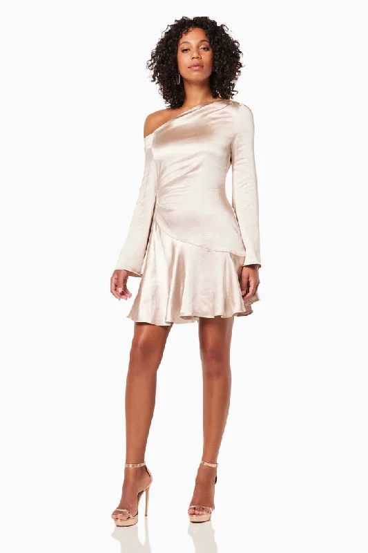 Mini Dresses with Side Buttons -Mini dress with cold shoulderJamboree Champagne Satin LS Mini Dress