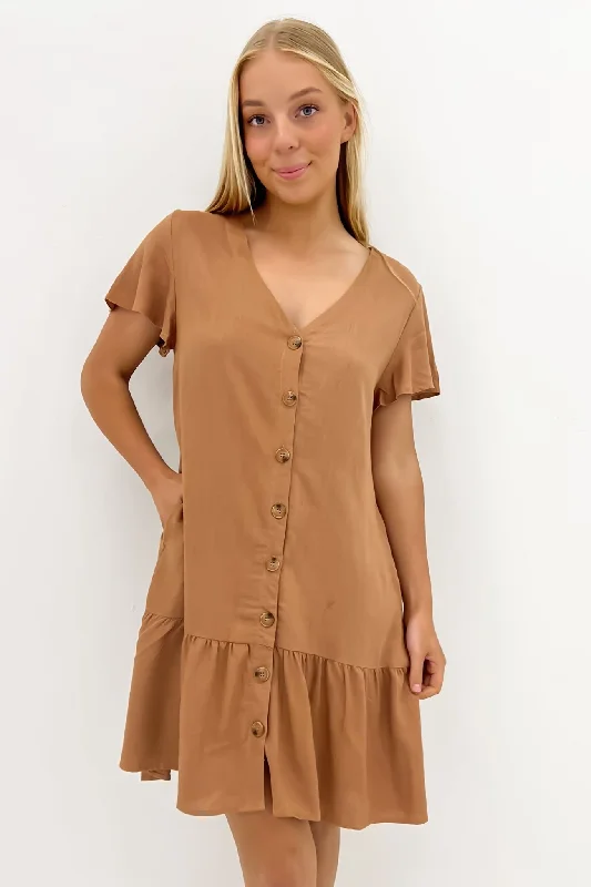 Mini Dresses in Fine Silk -Mini dress with puff sleevesKayla Mini Dress Tan