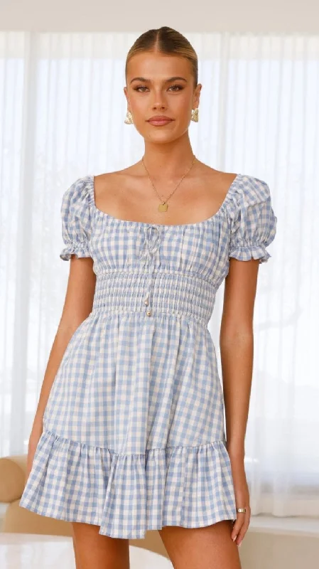 Mini Dresses with Lace Trim Back -Mini dress with empire waistKori Mini Dress - Blue Check