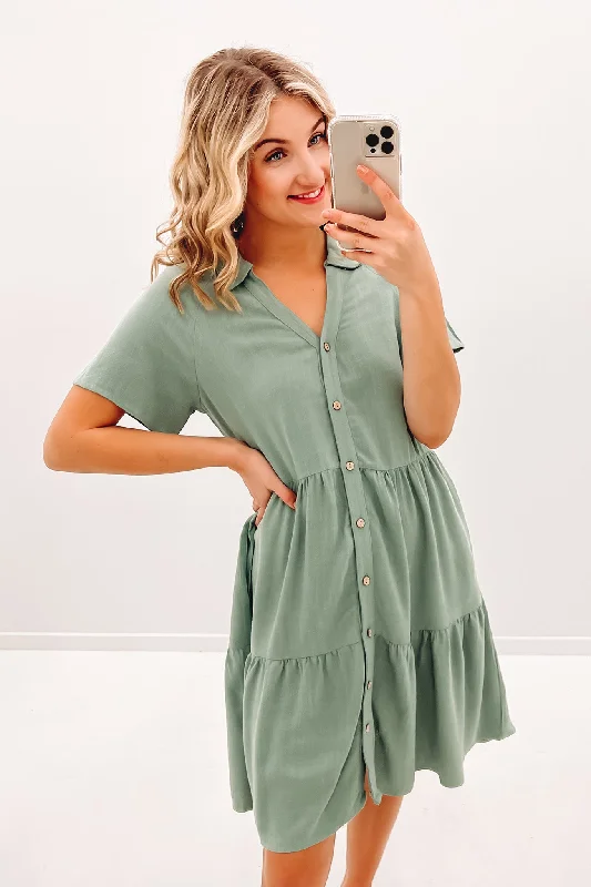 Mini Dresses with Bell Sleeves -Mini dress with tiered layersLittle Paradise Mini Dress Sage