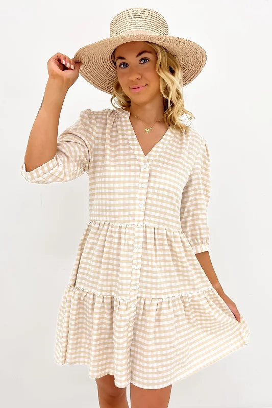 Mini Dresses with Lace Trim -Mini dress with bohemian vibesMallory Mini Dress Latte Gingham