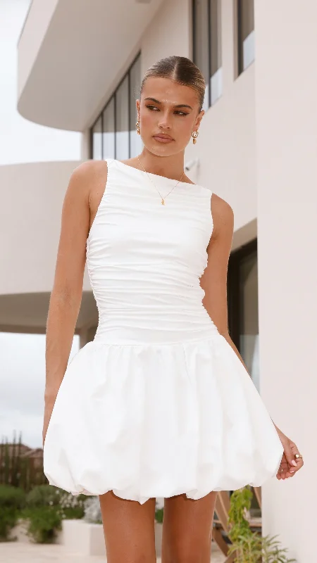 Mini Dresses with Side Ruffles -Mini dress with cool tonesMeera Boat Neck Mini Dress - White