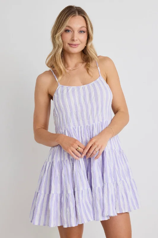 Mini Dresses for Pool Party -Mini dress with mesh insertMemphis Lilac stripe Strappy Tiered Mini Dress