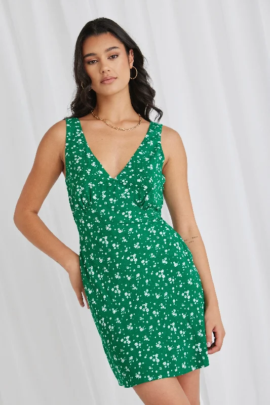 Mini Dresses with Deep V-Neck -Mini dress with V-necklineOrion Green Ditsy Slim Fit Mini Dress