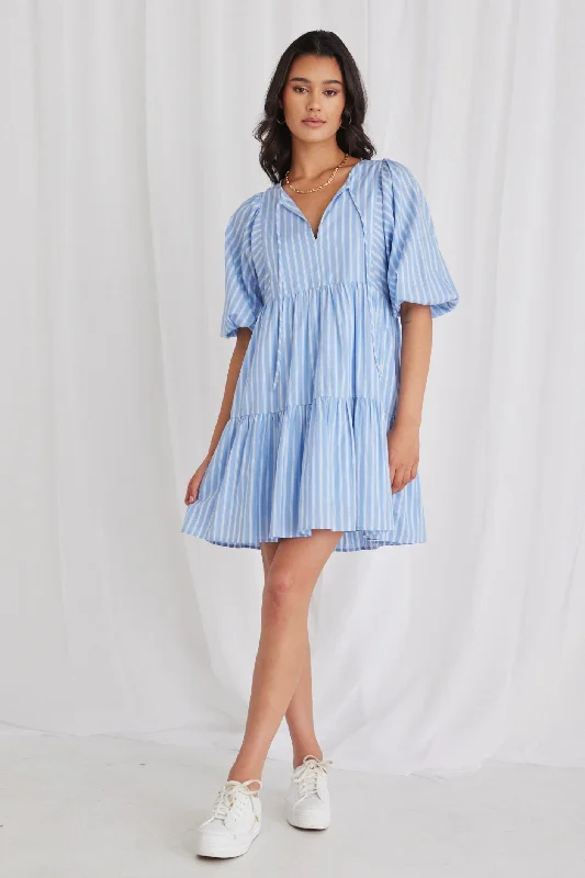 Mini Dresses with Tie Neck -Mini dress with fringe detailsProvocation Blue Stripe Frill Hem Half Sleeve Smock Mini Dress