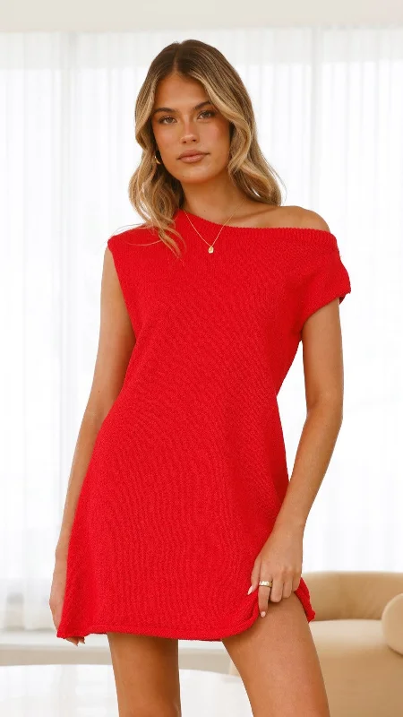 Mini Dresses for Team Outing -Mini dress with glitter accentsRobin Off Shoulder Mini Dress - Red