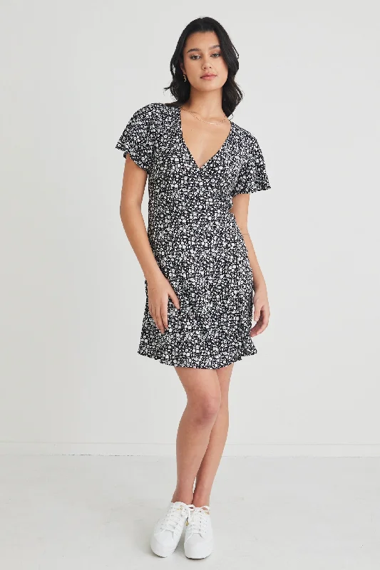 Mini Dresses for Night Picnic -Mini dress with oversized fitRoyals Black Ditsy Ss Wrap Mini Dress