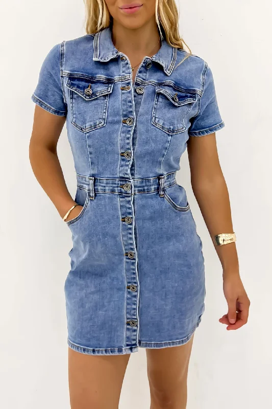 Mini Dresses in Soft Denim -Mini dress with mesh insertShay Mini Dress Light Blue