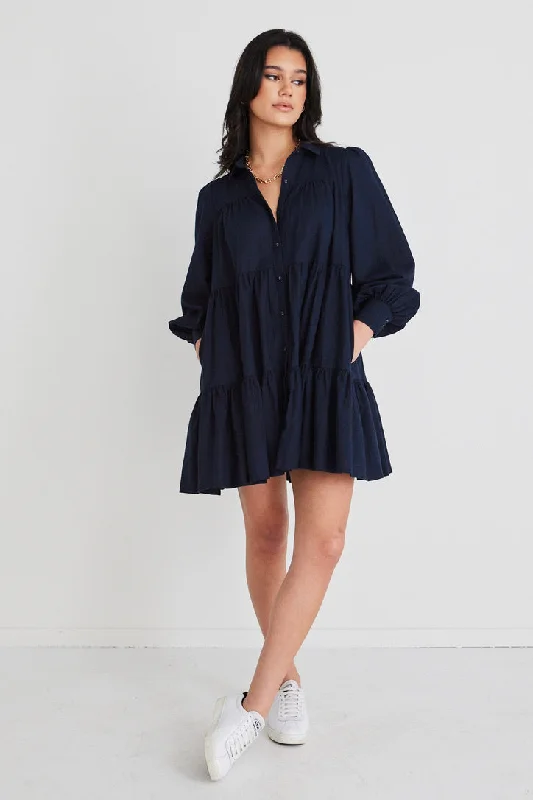 Mini Dresses with Ruffle Hemline -Mini dress with flared skirtValley Navy Linen Blend Shirt Style Tiered Mini Dress