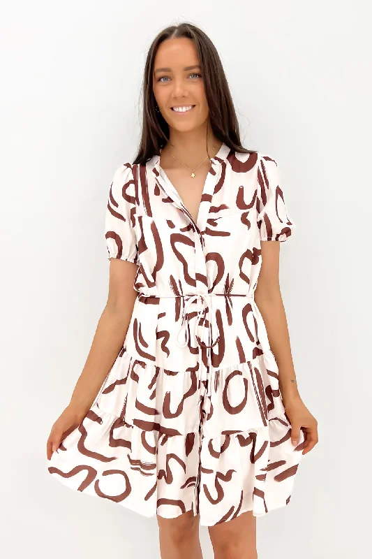 Mini Dresses in Earth Tones -Mini dress with puff sleevesVickie Mini Dress Brown Swirl