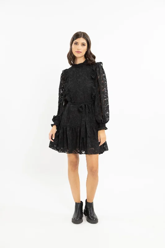 Mini Dresses with Bell Hem -Mini dress with gingham printWondrous Black Burnout Chiffon LS Mini Dress