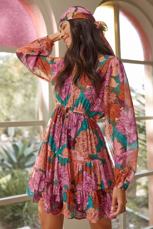 Mini Dresses for Farewell Dinner -Mini dress with layered rufflesZora Purple Fall Floral LS Mini Dress